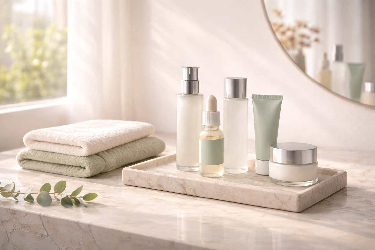 Elegant skincare products on a bathroom counter